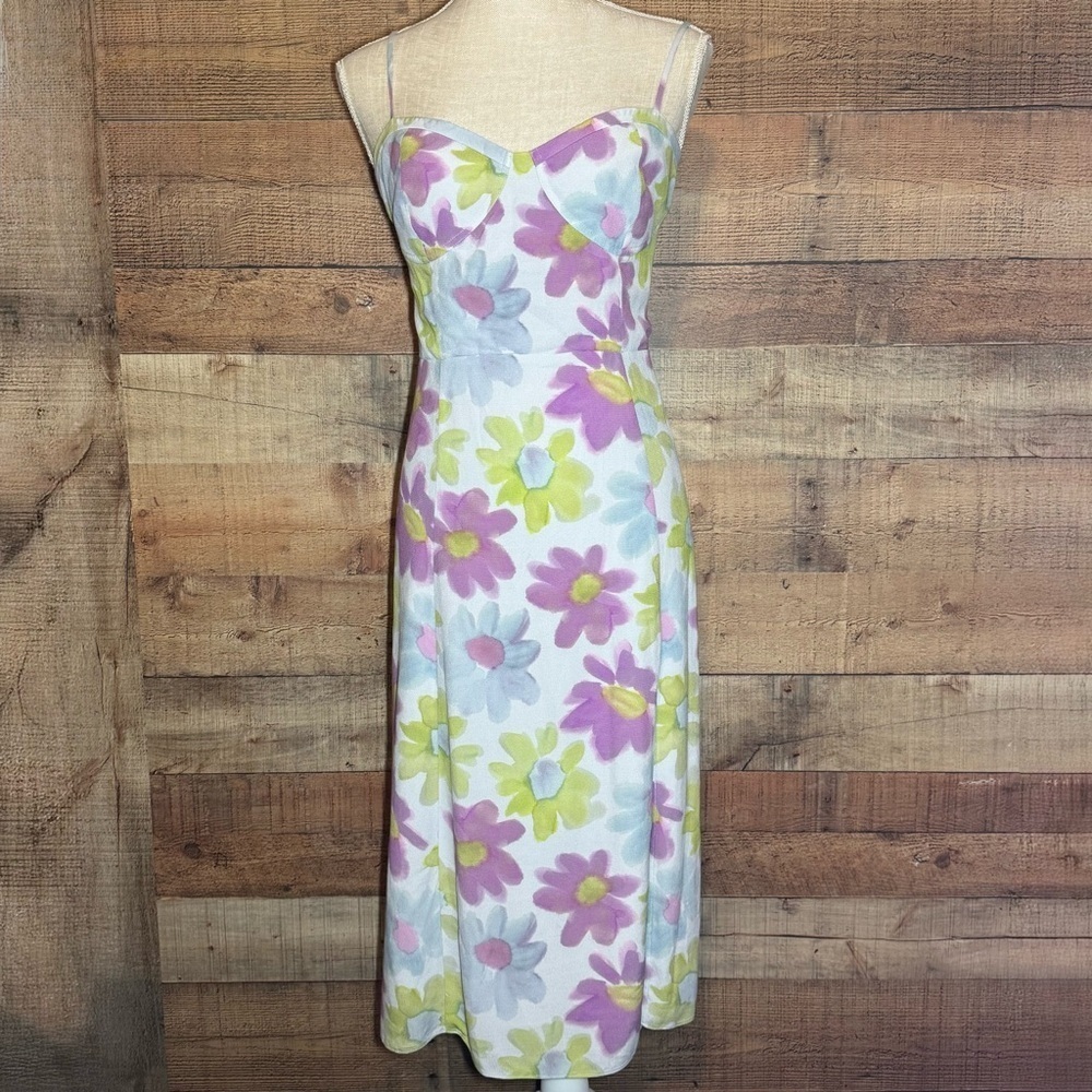 Aritzia Sunday Best Viola Midi Dress Sky/Pear Green Floral Sleeveless Size L - Picture 2 of 16